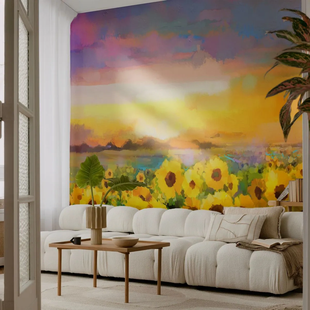 Fototapete Premium Sand - Die Sonne selbst ist auf die Erde herabgestiegen - Sonnenblumenfeld, Sonnenblume, Natur - 100x70 cm