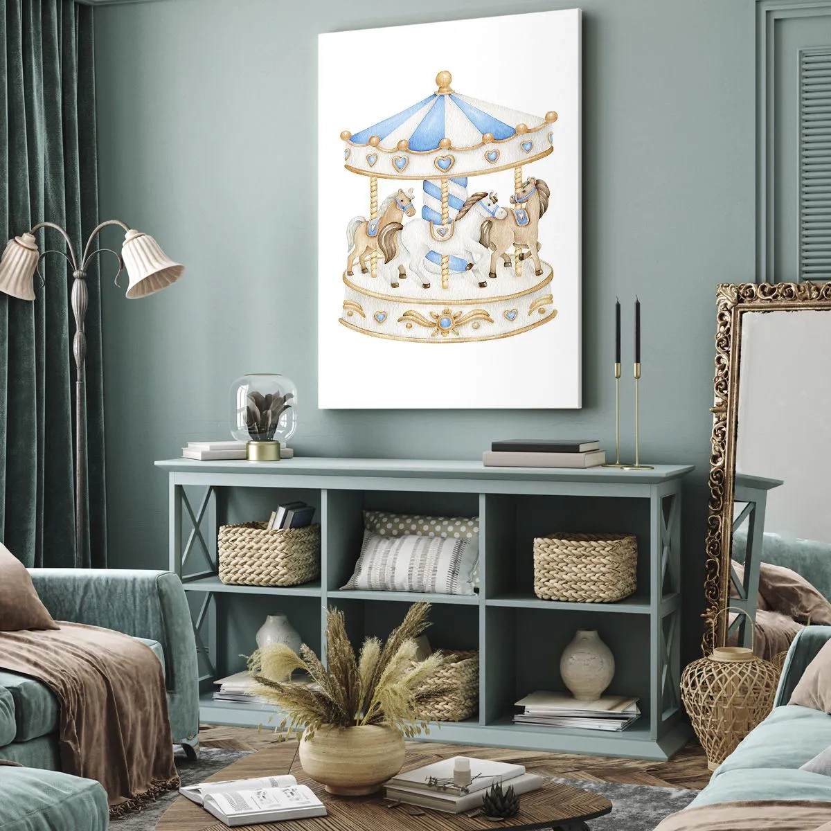 Bild auf Leinwand - Leinwandbild - Ein Karussell in Pastellfarben auf weißem Hintergrund - 50x70cm - Süße Kindheit - Moderne Wanddekoration für Wohnzimmer und Schlafzimmer ARTTOR