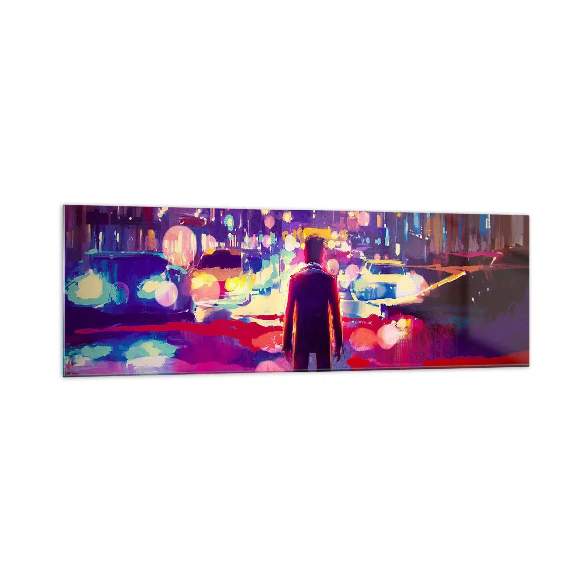 Glasbild - Bild auf glas - Ein Mann in einer neonfarbenen Nachtszene einer Stadt - 160x50cm - Eingetaucht in das Licht - Moderne Wanddekoration für Wohnzimmer und Schlafzimmer ARTTOR