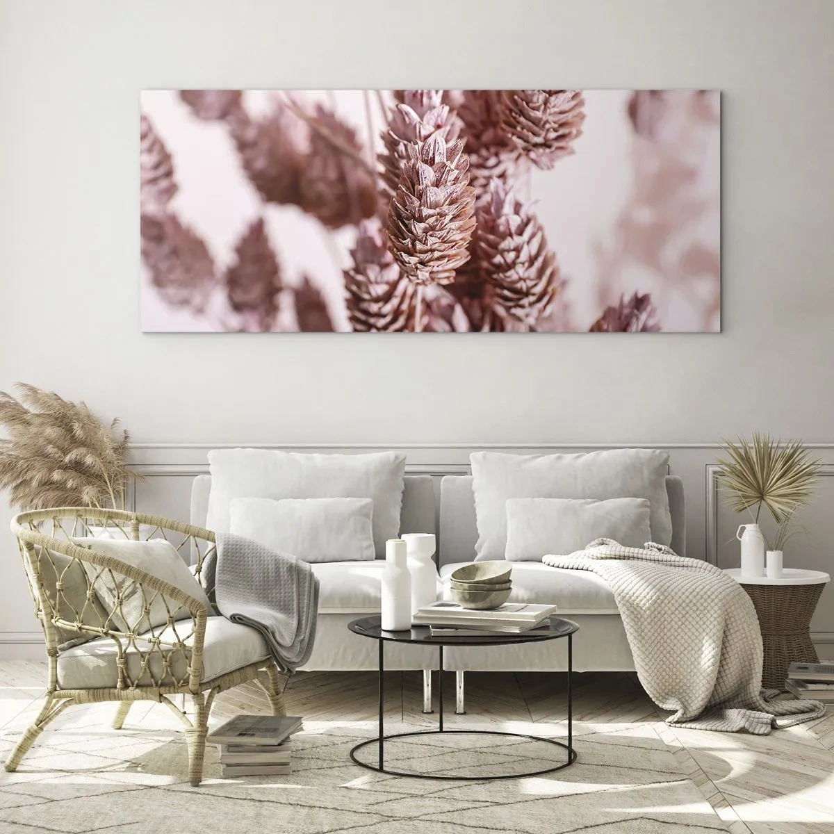 Glasbild - Bild auf glas - Eine Nahaufnahme der zarten rosa Ähren von Ziergräsern - 120x50cm - Scheinbar unauffällig - Moderne Wanddekoration für Wohnzimmer und Schlafzimmer ARTTOR