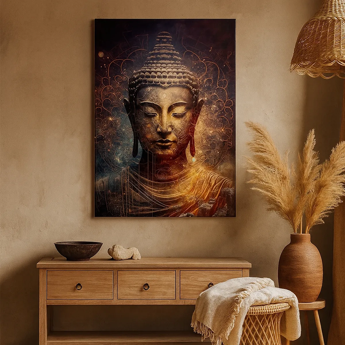 Bild auf Leinwand - Leinwandbild - Goldener Buddha auf dunklem Hintergrund mit Ornamenten - 50x70cm - Spirituelles Gleichgewicht - Moderne Wanddekoration für Wohnzimmer und Schlafzimmer ARTTOR