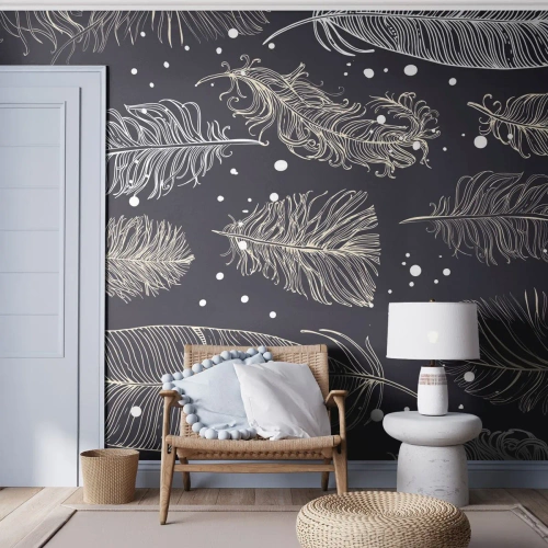 Fototapete Premium Sand - Ein elegantes Muster aus goldenen Federn auf dunklem Hintergrund - 100x70cm - Gefiederte Spitze - Moderne Wanddekoration für Wohnzimmer und Schlafzimmer ARTTOR