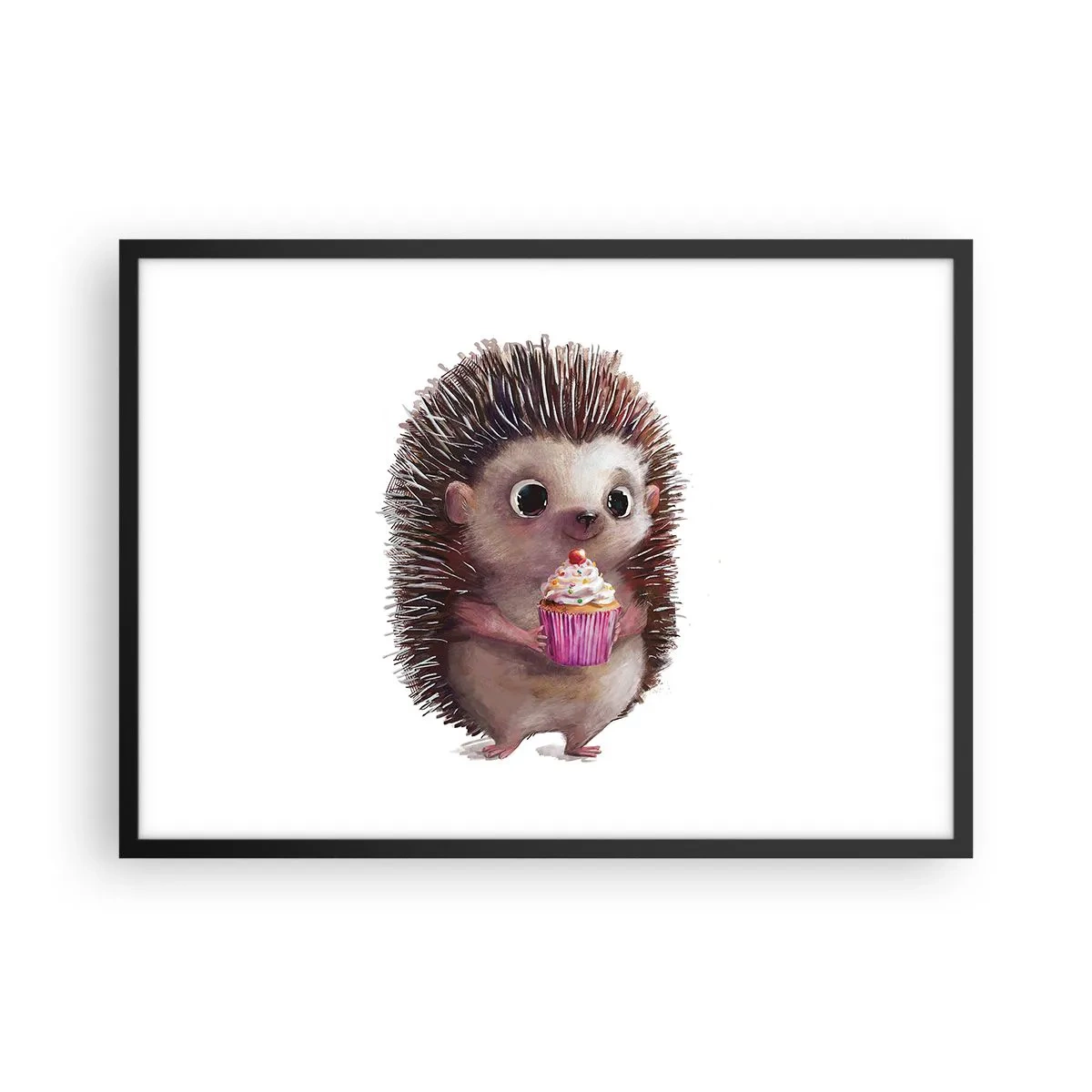 Poster in einem schwarzem Rahmen - Ein süßer Igel mit einem Cupcake - 70x50cm - Der Feiertag ist jeden Tag - Moderne Wanddekoration für Wohnzimmer und Schlafzimmer ARTTOR