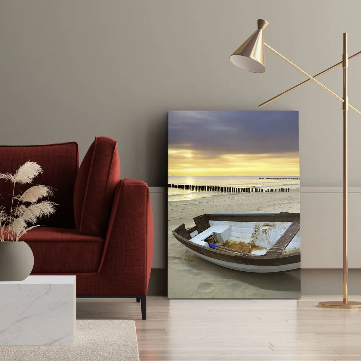 Bild auf Leinwand - Leinwandbild - Ein Boot an einem Sandstrand bei Sonnenuntergang - 50x70cm - Es gibt keine schöneren Strände - Moderne Wanddekoration für Wohnzimmer und Schlafzimmer ARTTOR