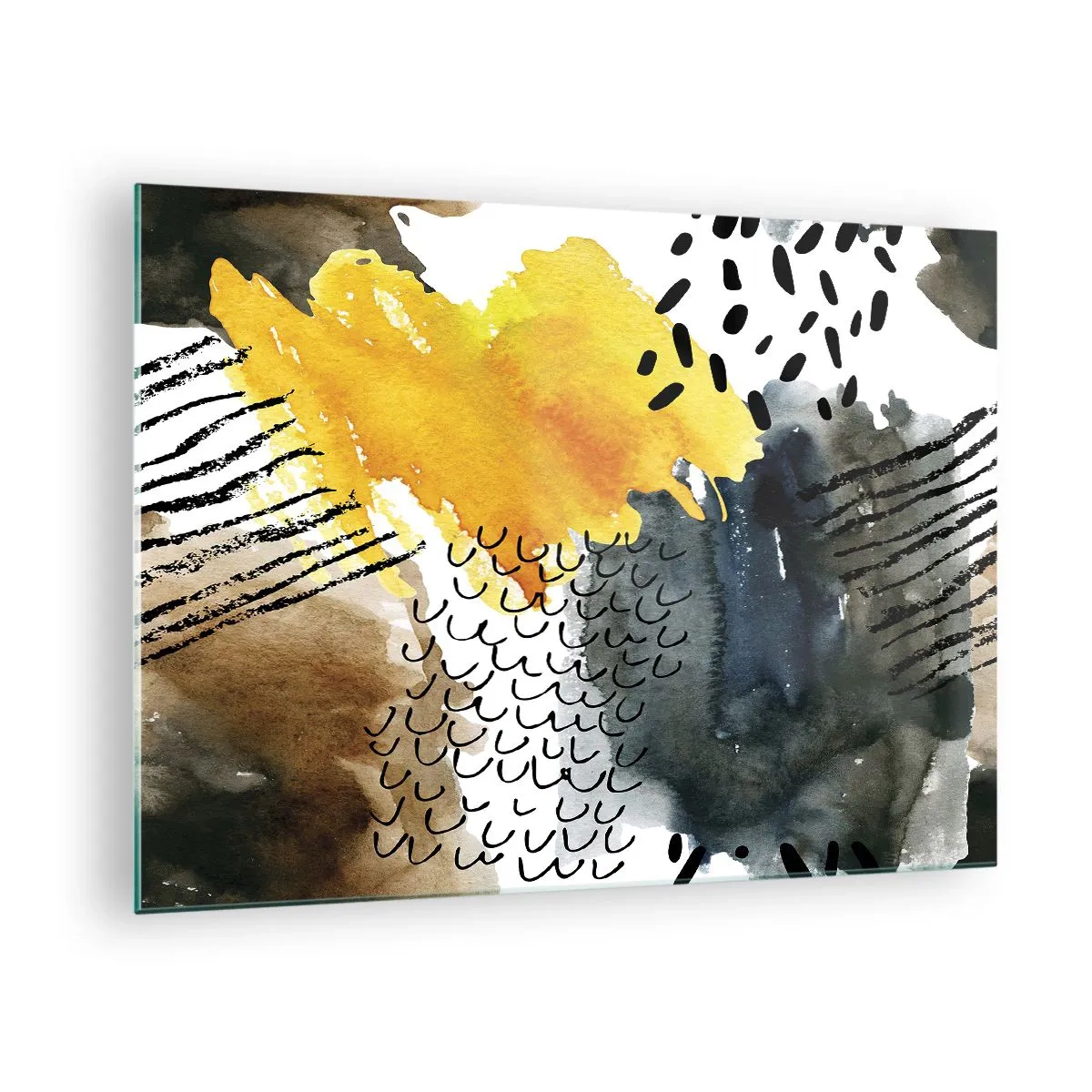Glasbild - Bild auf glas - Eine abstrakte Komposition mit Punkten und Linien in erdigen Farben. - 70x50cm - Ein Treffen der Elemente der Natur - Moderne Wanddekoration für Wohnzimmer und Schlafzimmer ARTTOR