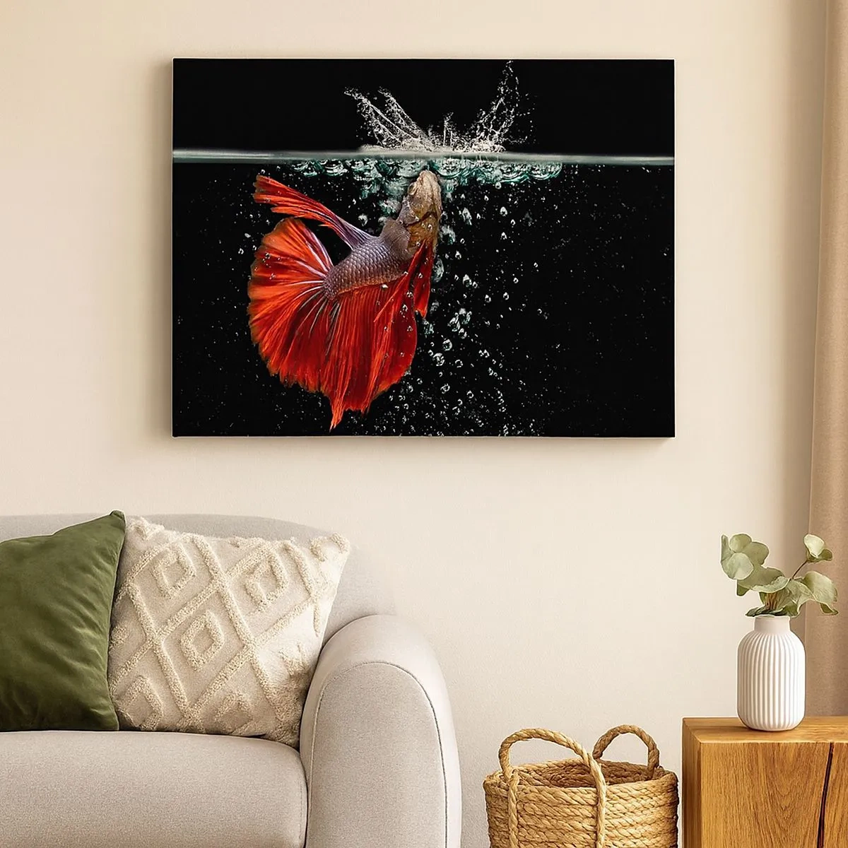 Bild auf Leinwand - Leinwandbild - Ein prächtiger Kampffisch im Wasser vor dunklem Hintergrund - 70x50cm - Du hast drei Wünsche - Moderne Wanddekoration für Wohnzimmer und Schlafzimmer ARTTOR
