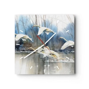 Wanduhr - Glasuhr - Schwäne im Flug über einem zugefrorenen See in einer Winterlandschaft - 30x30cm - Wie im Märchen von den wilden Schwänen - Moderne Wanddekoration für Wohnzimmer und Schlafzimmer ARTTOR