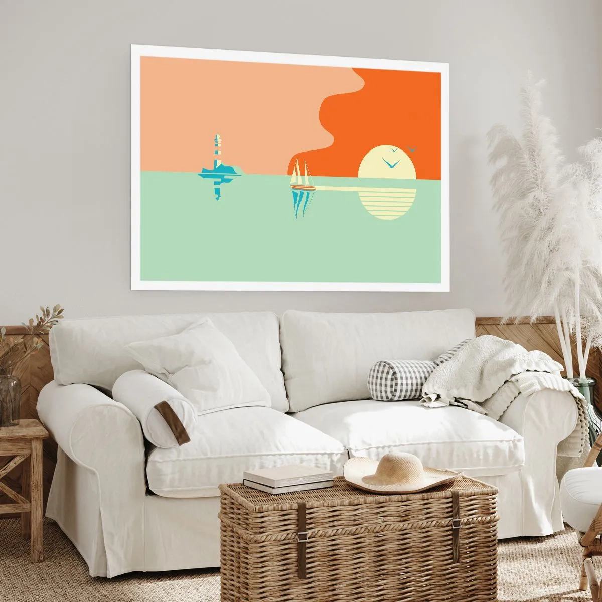 Poster - Eine minimalistische Meereslandschaft mit einem Segelboot und einem Sonnenuntergang - 100x70cm - Die perfekte Meereslandschaft - Moderne Wanddekoration für Wohnzimmer und Schlafzimmer ARTTOR