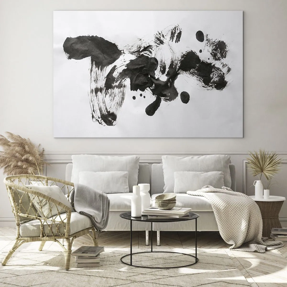 Glasbild - Bild auf glas - Abstrakter schwarzer Fleck und Pinselstriche auf weißem Hintergrund - 70x50cm - Obwohl das Wahnsinn ist, steckt darin eine Methode? - Moderne Wanddekoration für Wohnzimmer und Schlafzimmer ARTTOR