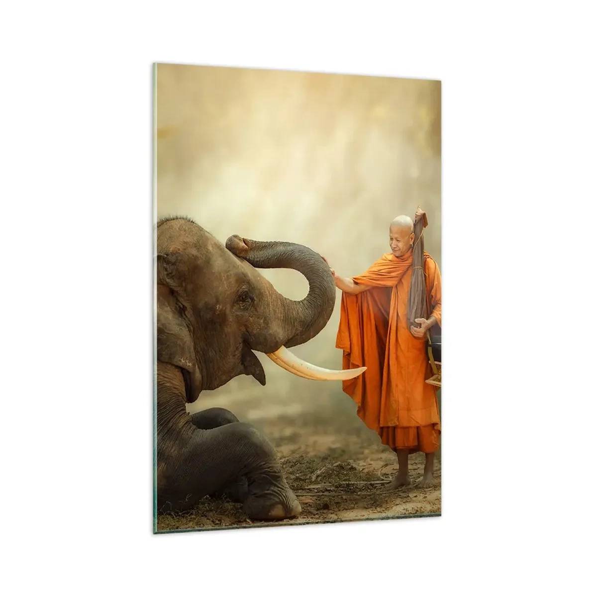 Glasbild - Bild auf glas - Ein Mönch und ein Elefant in Harmonie vor der Kulisse der Natur - 80x120cm - Treffen unterwegs - Moderne Wanddekoration für Wohnzimmer und Schlafzimmer ARTTOR
