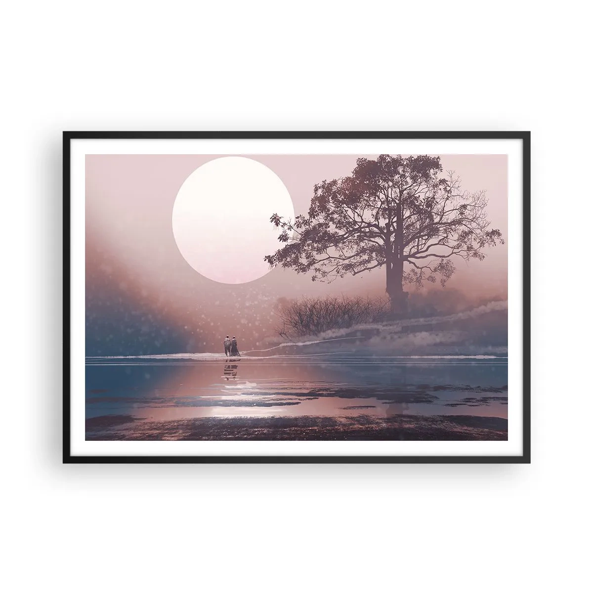 Poster in einem schwarzem Rahmen - Romantische Szene mit dem Mond und einem Baum am Wasser - 100x70cm - Wunder der Nacht - Moderne Wanddekoration für Wohnzimmer und Schlafzimmer ARTTOR