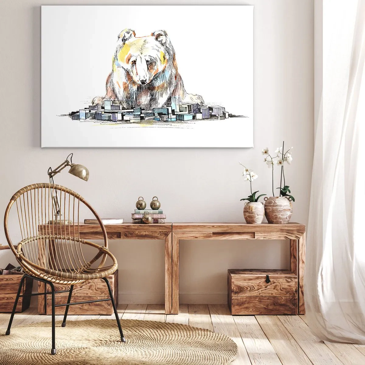 Bild auf Leinwand - Leinwandbild - Illustration eines Bären mit bunten Details und Blöcken - 70x50cm - Wie kann man so leben? - Moderne Wanddekoration für Wohnzimmer und Schlafzimmer ARTTOR