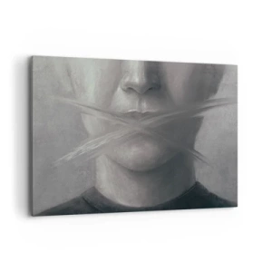 Bild auf Leinwand - Leinwandbild - Ein symbolisches Porträt mit verschwommenen Lippen in Grautönen. - 120x80cm - Ohne ein Wort - Moderne Wanddekoration für Wohnzimmer und Schlafzimmer ARTTOR