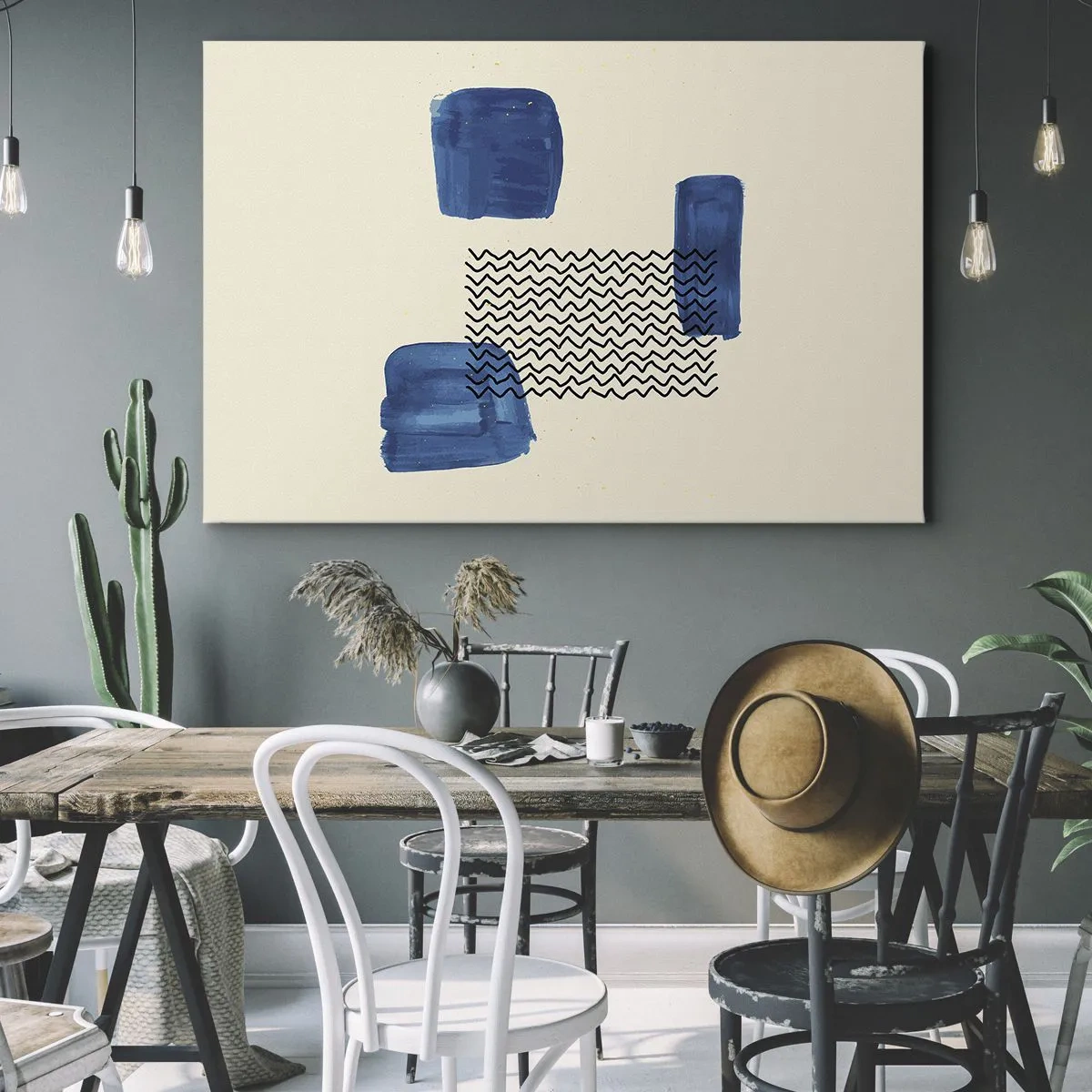 Bild auf Leinwand - Leinwandbild - Abstrakte Komposition mit blauen Flecken und Wellenlinien - 120x80cm - Ein abstraktes Quartett - Moderne Wanddekoration für Wohnzimmer und Schlafzimmer ARTTOR