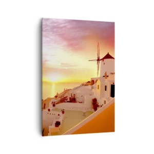 Bild auf Leinwand - Leinwandbild - Santorini bei Sonnenuntergang mit einer Windmühle - 70x100cm - In Weiß und Gold schmelzen - Moderne Wanddekoration für Wohnzimmer und Schlafzimmer ARTTOR