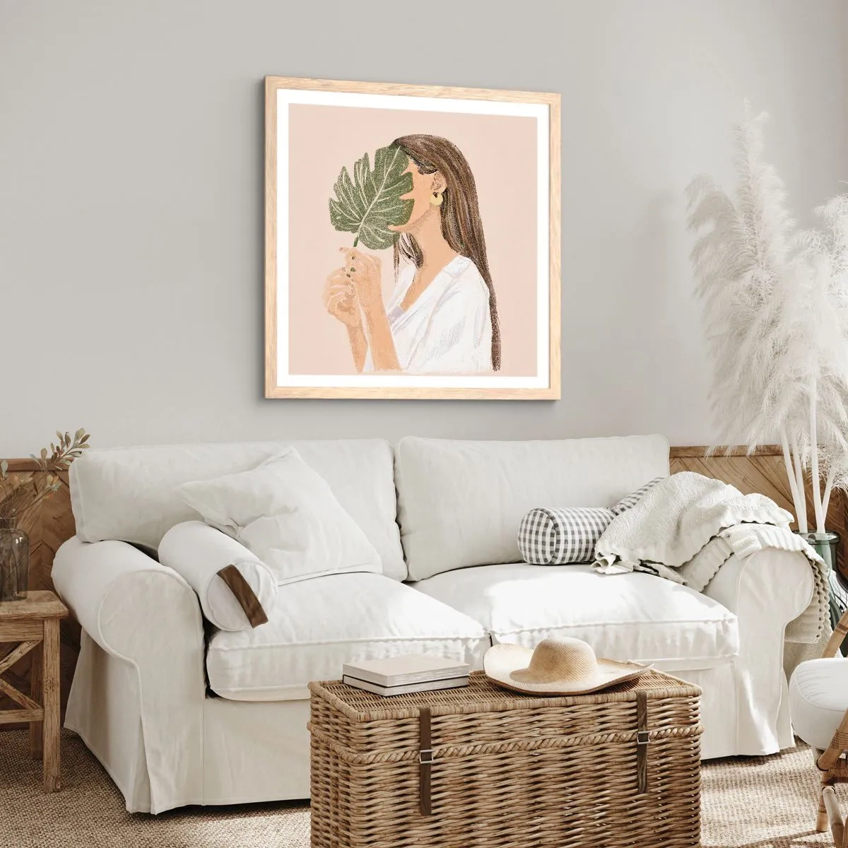 Poster in einem Rahmen aus heller Eiche - Geheimnisvolles Porträt mit Fächer - 50x50 cm