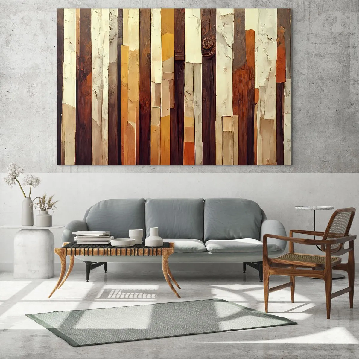 Glasbild - Bild auf glas - Eine Komposition aus vertikalen Streifen in Holz- und Beigetönen - 70x50cm - Hymne der Waldbäume - Moderne Wanddekoration für Wohnzimmer und Schlafzimmer ARTTOR