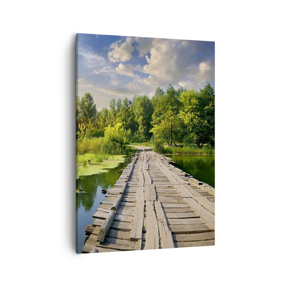 Bild auf Leinwand - Leinwandbild - Eine malerische Landschaft mit einer Brücke und einem Schwan - 50x70cm - Sommer, Sommer überall - Moderne Wanddekoration für Wohnzimmer und Schlafzimmer ARTTOR