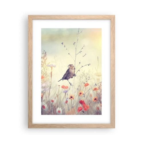 Poster in einem Rahmen aus heller Eiche - Vogelporträt mit einer Wiese im Hintergrund - 30x40 cm