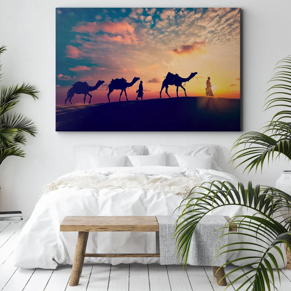Bild auf Leinwand - Leinwandbild - Eine Karawane von Kamelen wandert bei Sonnenuntergang durch die Wüste - 120x80cm - Der geheimnisvolle Geist des Orients - Moderne Wanddekoration für Wohnzimmer und Schlafzimmer ARTTOR