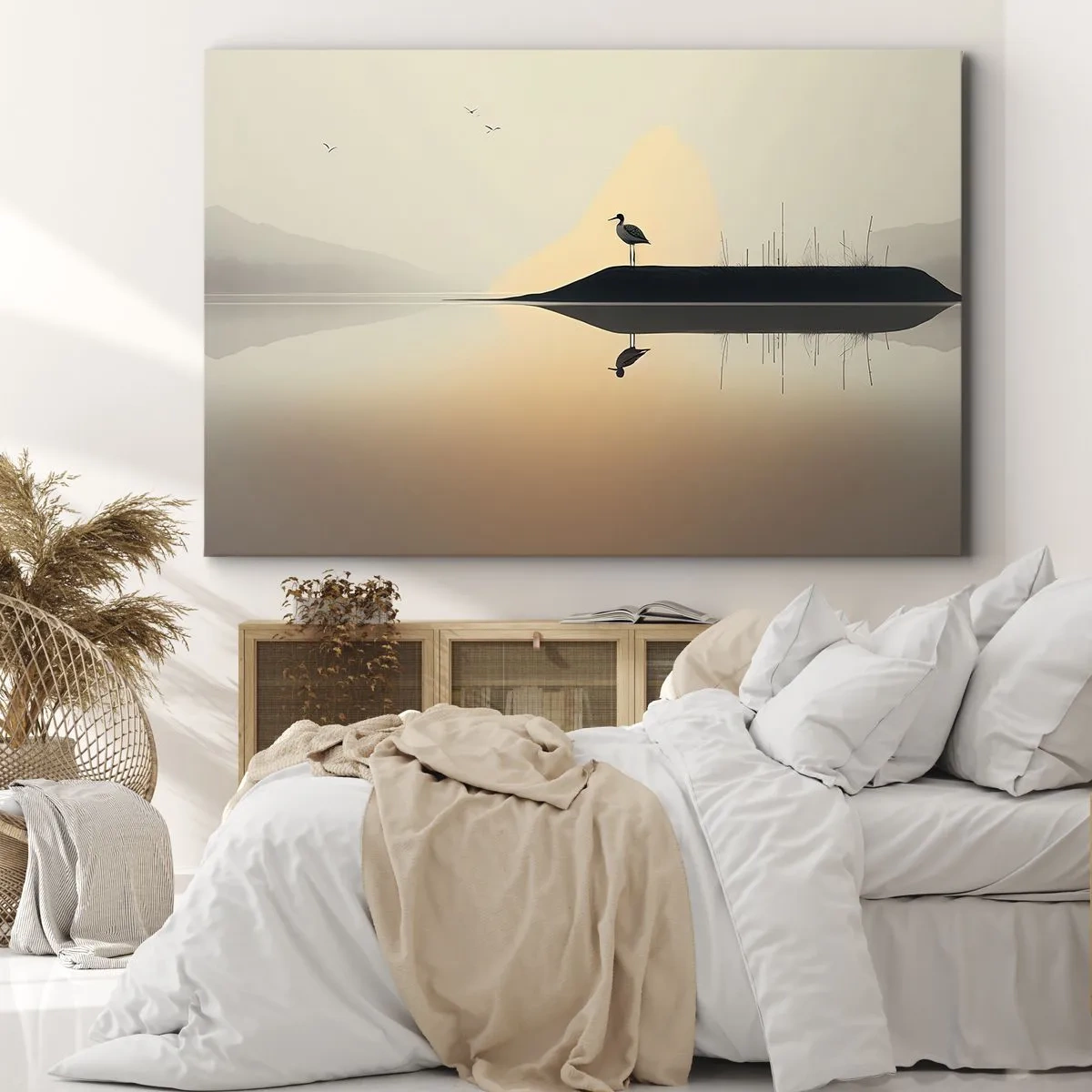 Bild auf Leinwand - Leinwandbild - Ein Vogel auf einer Insel in einem ruhigen See mit warmen Farbtönen - 70x50cm - Herr am See - Moderne Wanddekoration für Wohnzimmer und Schlafzimmer ARTTOR