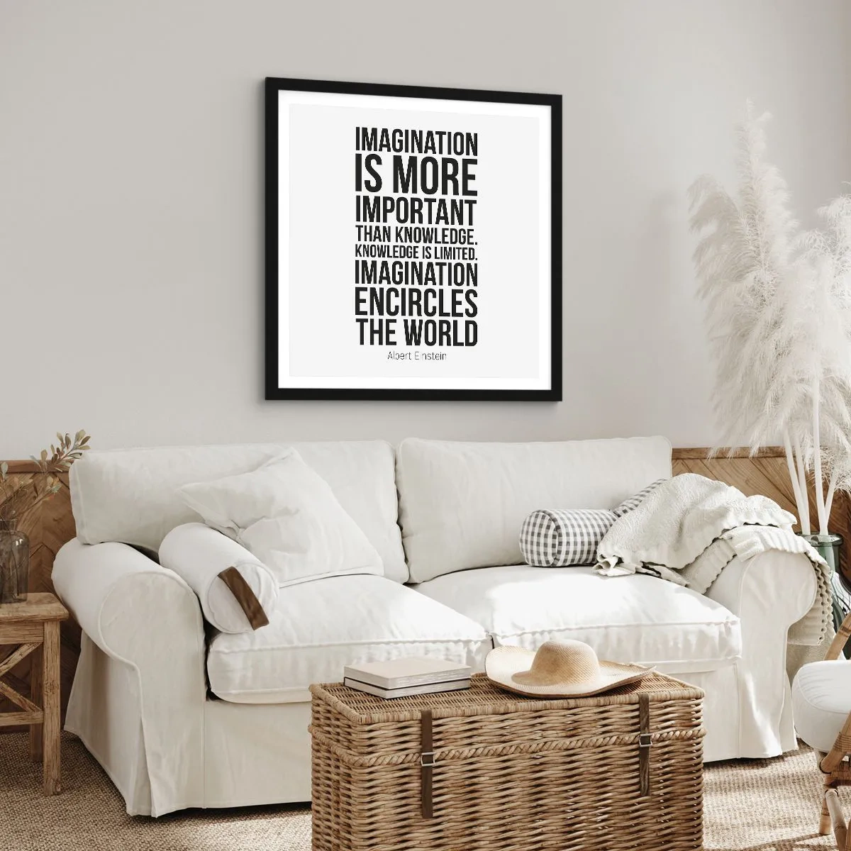 Poster in einem schwarzem Rahmen - Einstein über die Kraft der Vorstellungskraft - 60x60 cm