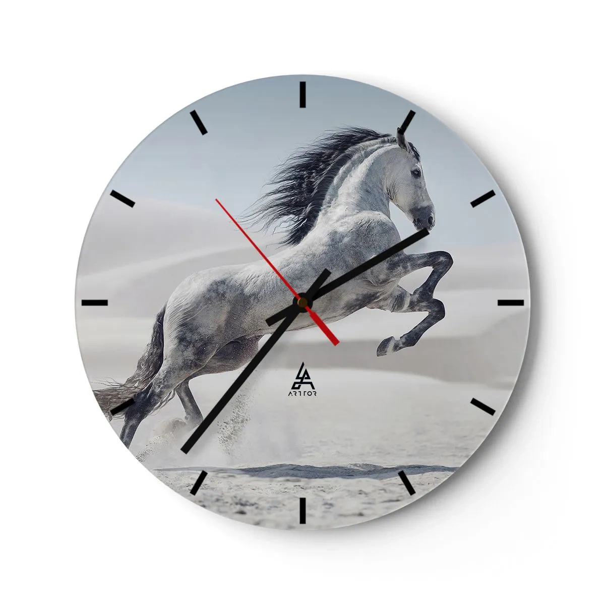 Wanduhr - Glasuhr - Ein springendes arabisches Pferd vor einem Wüstenhintergrund - 30x30cm - Arabischer Prinz - Moderne Wanddekoration für Wohnzimmer, Küche und Schlafzimmer ARTTOR