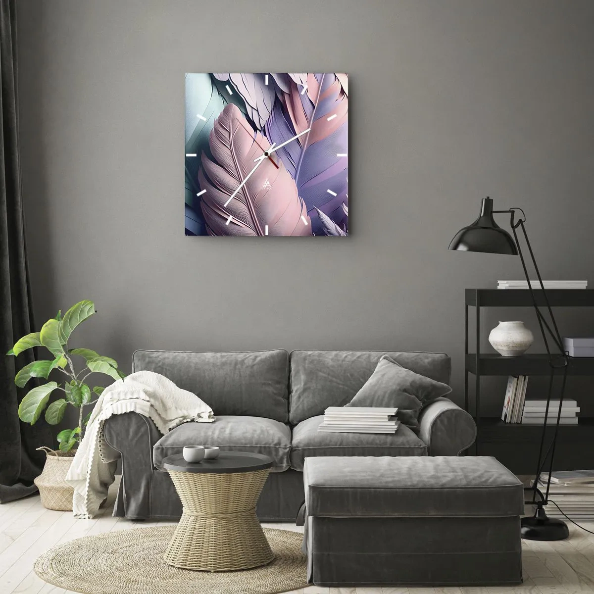 Wanduhr - Glasuhr - Bunte Federn in Pastelltönen auf hellem Hintergrund - 30x30cm - Vogel-Chic - Moderne Wanddekoration für Wohnzimmer und Schlafzimmer ARTTOR