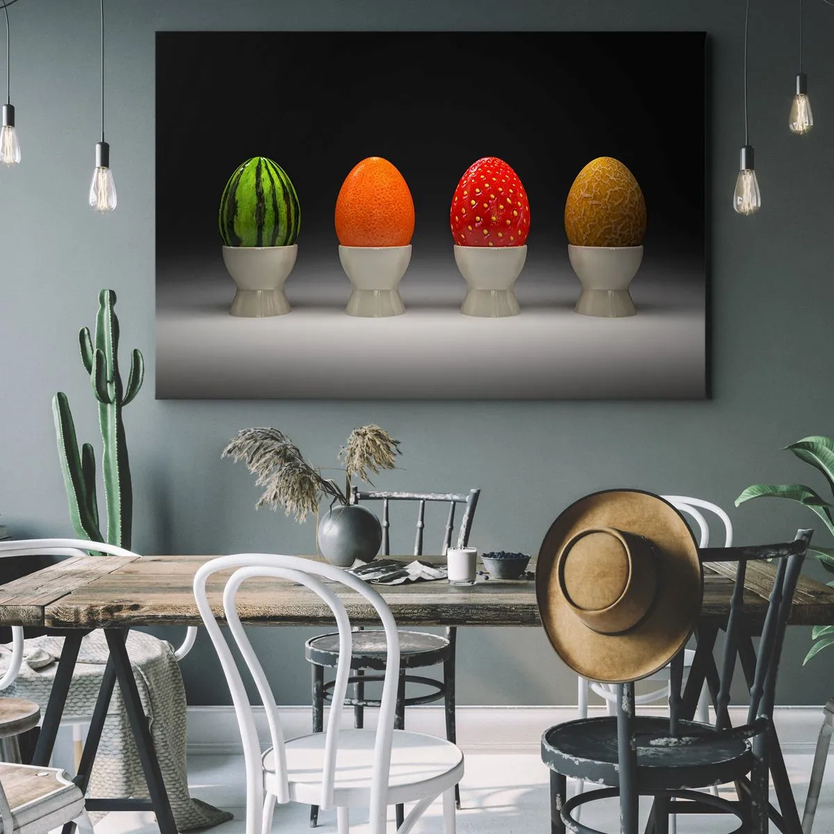 Bild auf Leinwand - Leinwandbild - Bunte Eier, die Früchten ähneln, auf dunklem Hintergrund - 70x50cm - Obstfrühstück - Moderne Wanddekoration für Wohnzimmer und Schlafzimmer ARTTOR