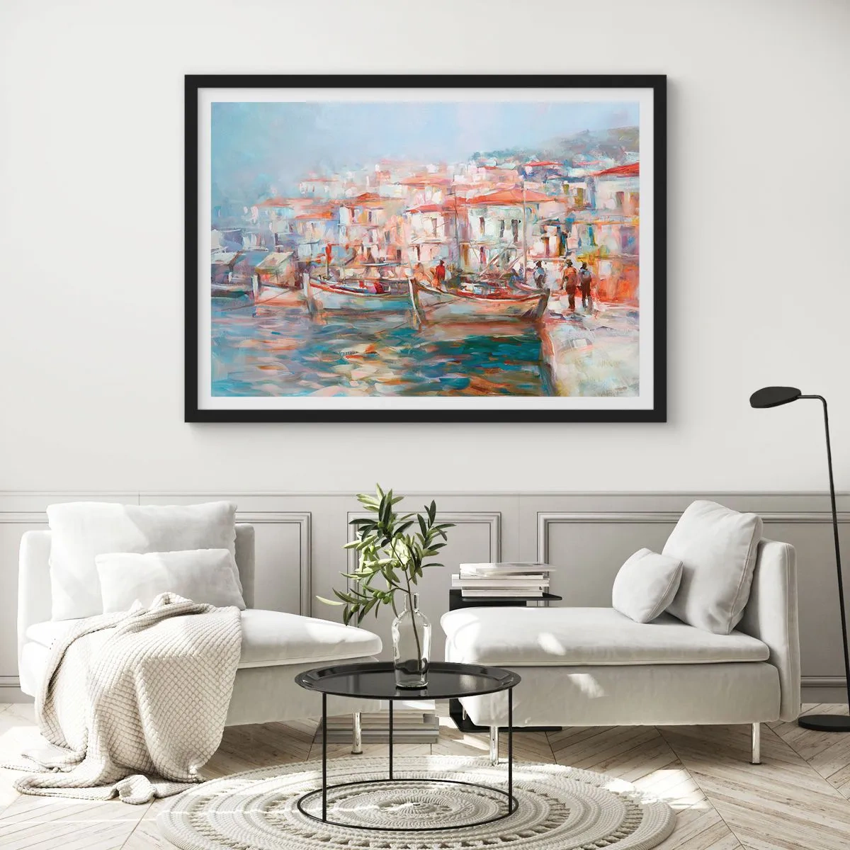 Poster in einem schwarzem Rahmen - Hafenimpression mit Booten und Gebäuden - 70x50cm - Pastell-Sommerferien - Moderne Wanddekoration für Wohnzimmer und Schlafzimmer ARTTOR