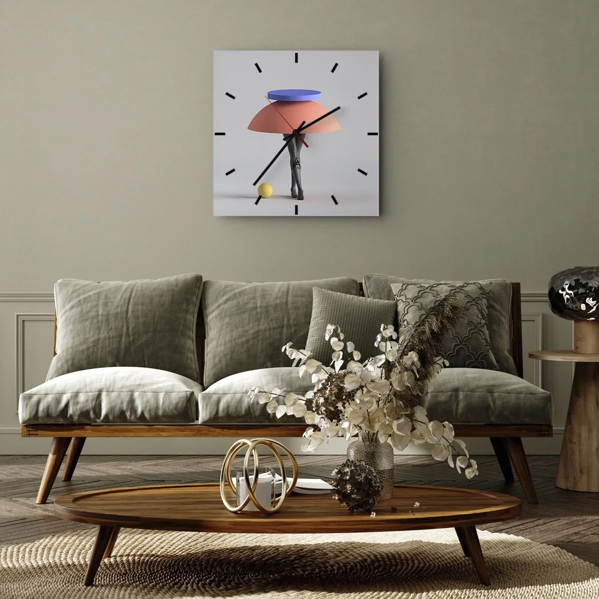 Wanduhr - Glasuhr - Abstrakte geometrische Komposition mit Beinen und einem Ball - 30x30cm - Surrealistische Komposition - Moderne Wanddekoration für Wohnzimmer und Schlafzimmer ARTTOR