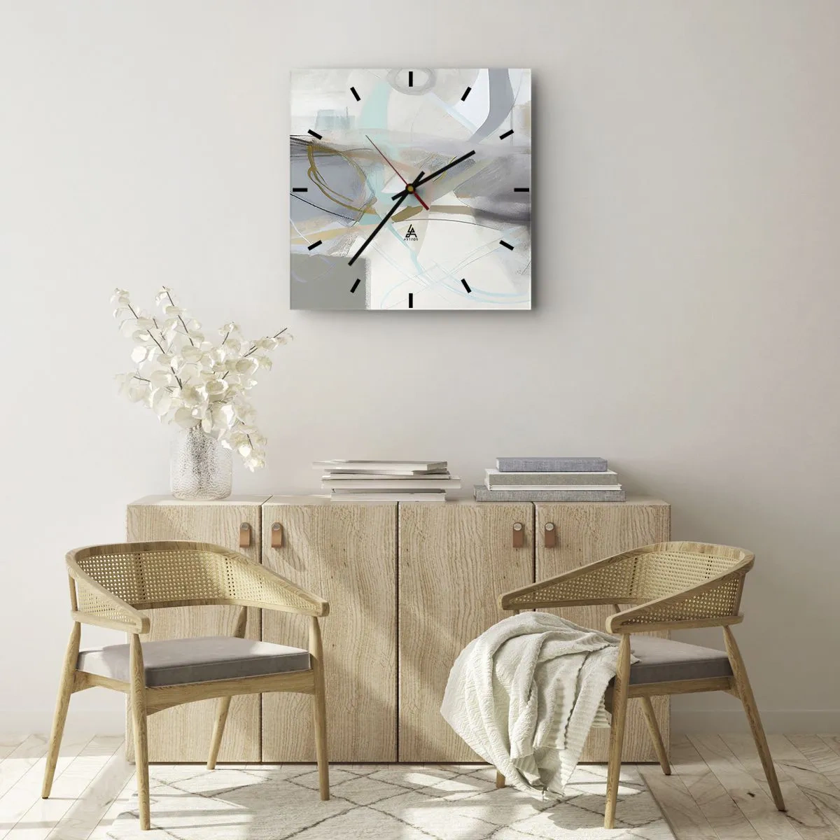 Wanduhr - Glasuhr - Pastellabstraktion mit zarten Linien - 30x30cm - Neblige Abstraktion - Moderne Wanddekoration für Wohnzimmer und Schlafzimmer ARTTOR