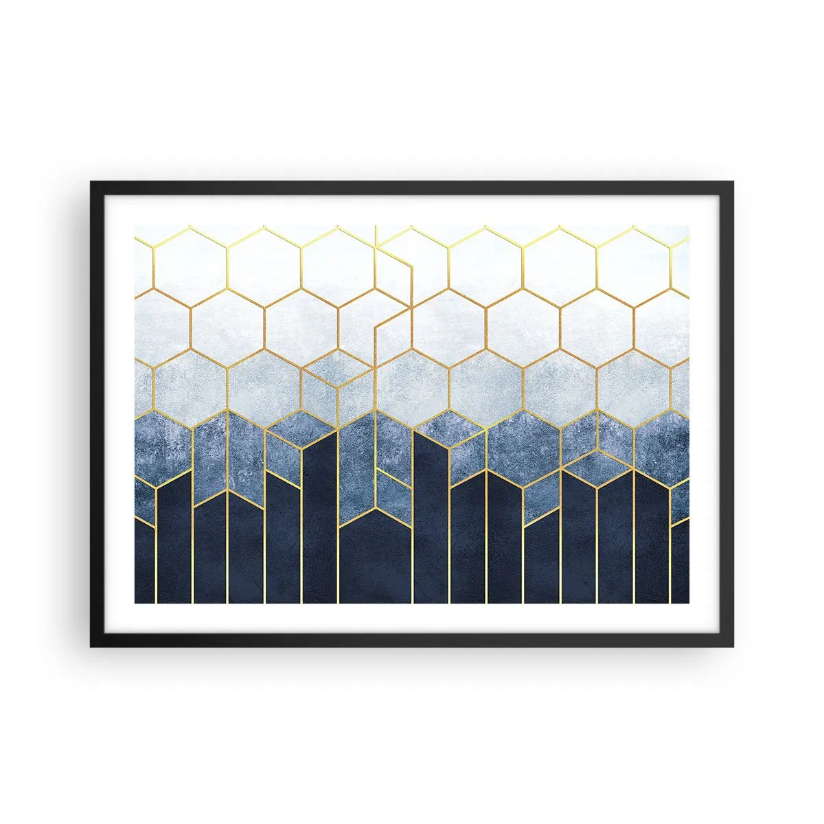 Poster in einem schwarzem Rahmen - Geometrisches Muster in Gold- und Marineblautönen - 70x50cm - Komposition im synkopischen Rhythmus - Moderne Wanddekoration für Wohnzimmer und Schlafzimmer ARTTOR