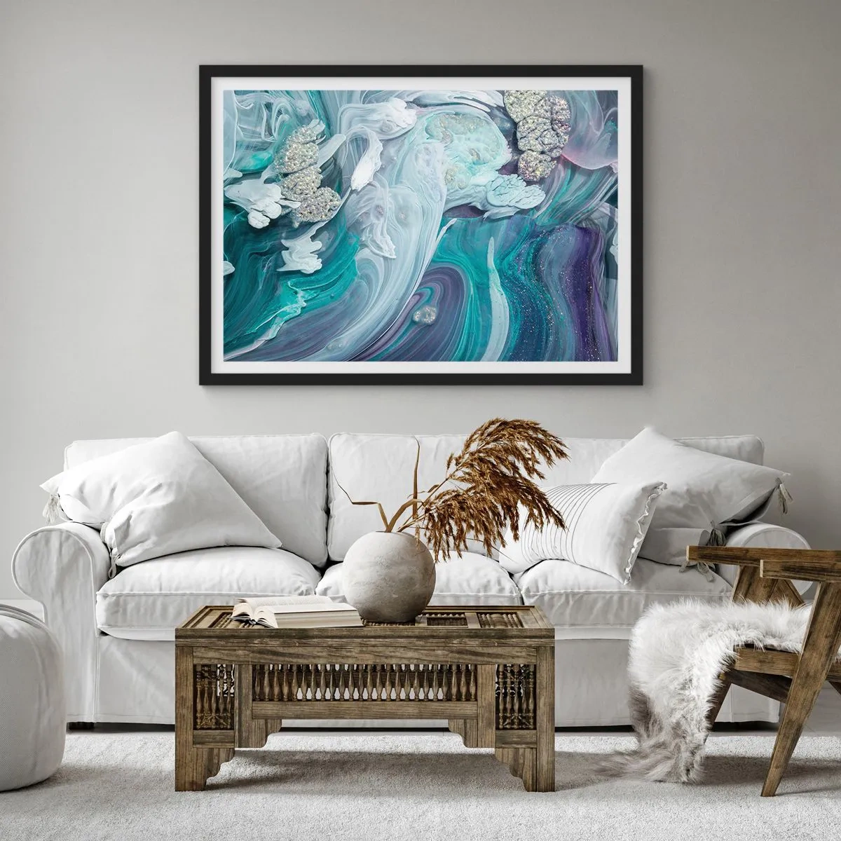 Poster in einem schwarzem Rahmen - Strömungen von Himmelblau - 50x40 cm