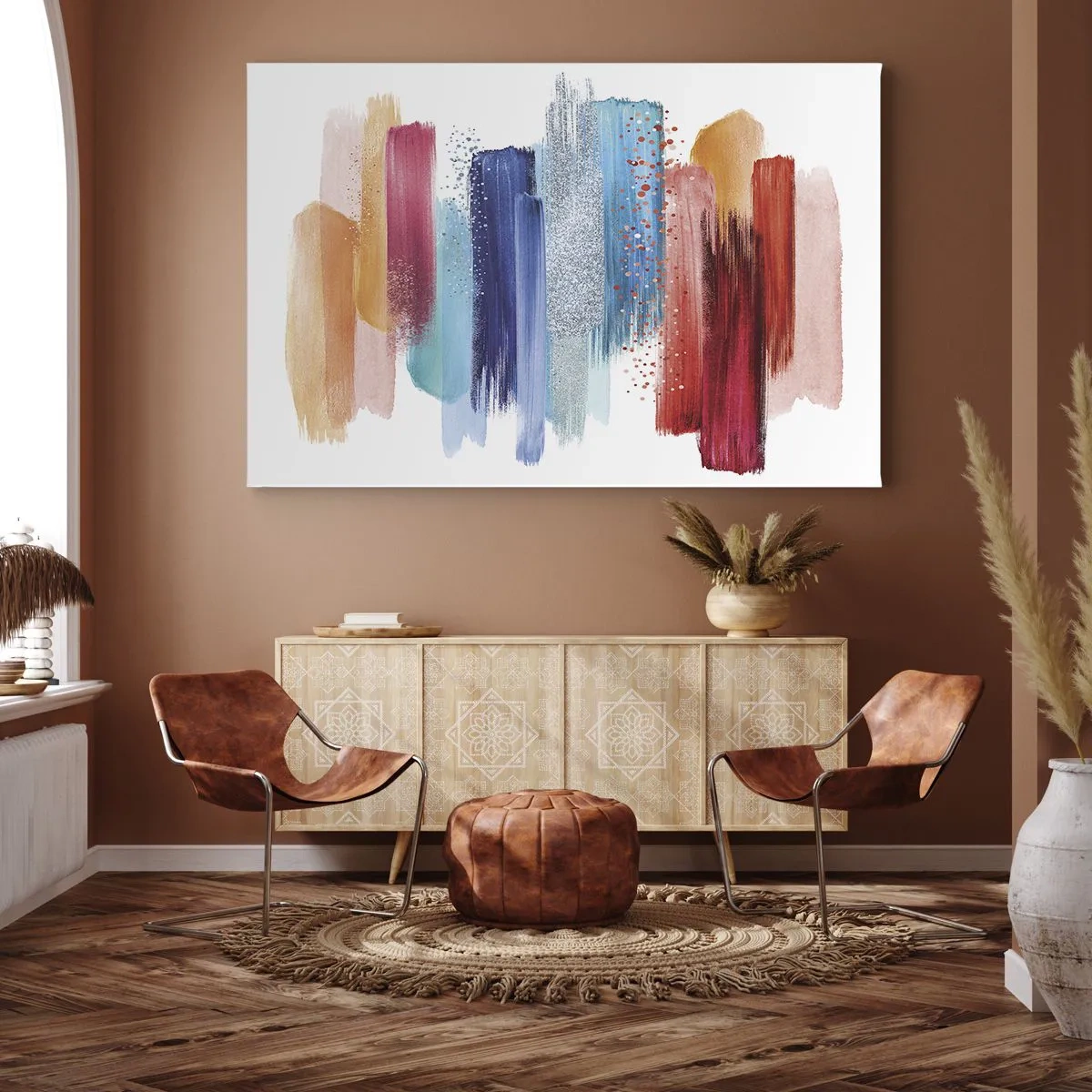 Bild auf Leinwand - Leinwandbild - Bunte Pinselstriche auf weißem Hintergrund - 120x80cm - Auf und ab - Moderne Wanddekoration für Wohnzimmer und Schlafzimmer ARTTOR