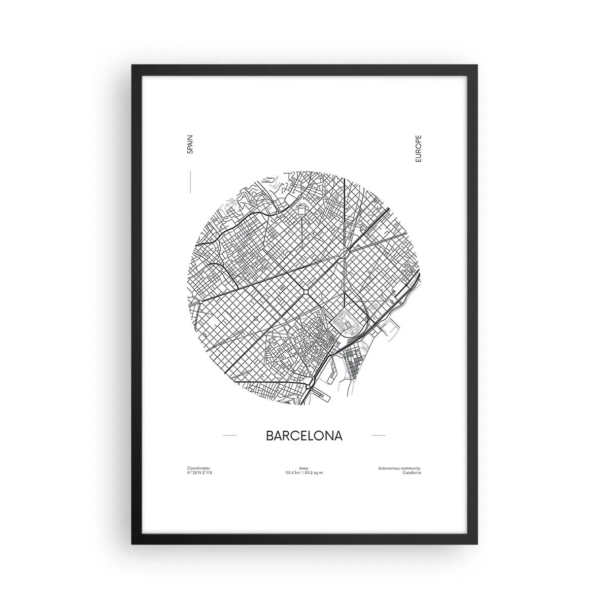 Poster in einem schwarzem Rahmen - Eine minimalistische Karte von Barcelona in Schwarzweiß. - 50x70cm - Anatomie von Barcelona - Moderne Wanddekoration für Wohnzimmer und Schlafzimmer ARTTOR