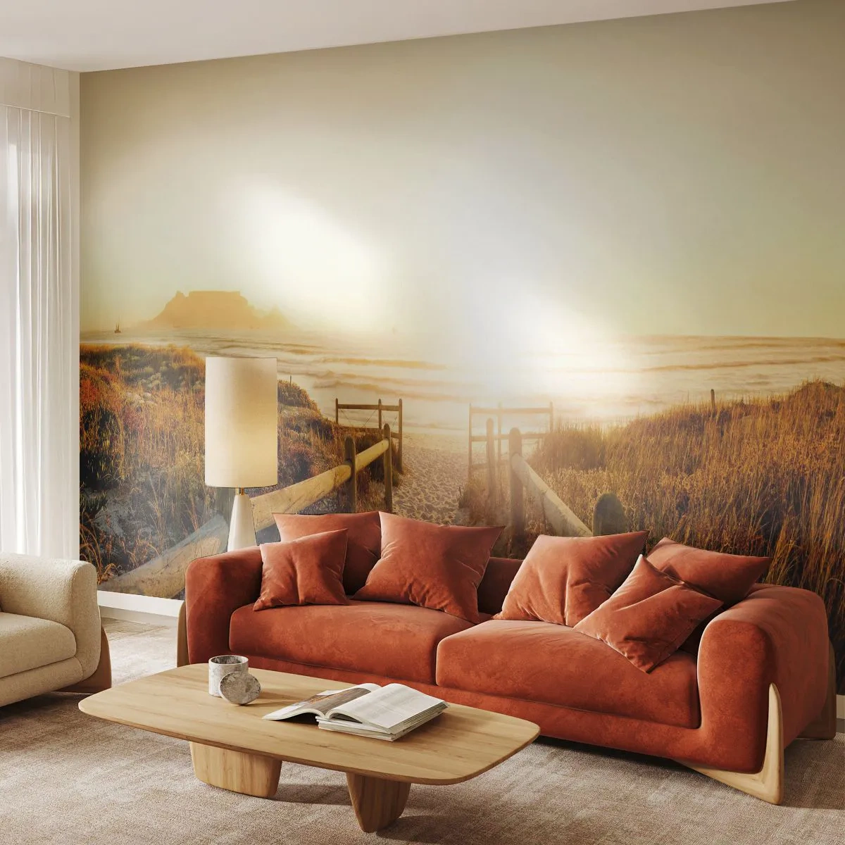 Fototapete Premium Sand - Weg zum Strand bei Sonnenuntergang mit Meerblick - 100x70cm - Über die Düne, der Sonne entgegen - Moderne Wanddekoration für Wohnzimmer und Schlafzimmer ARTTOR