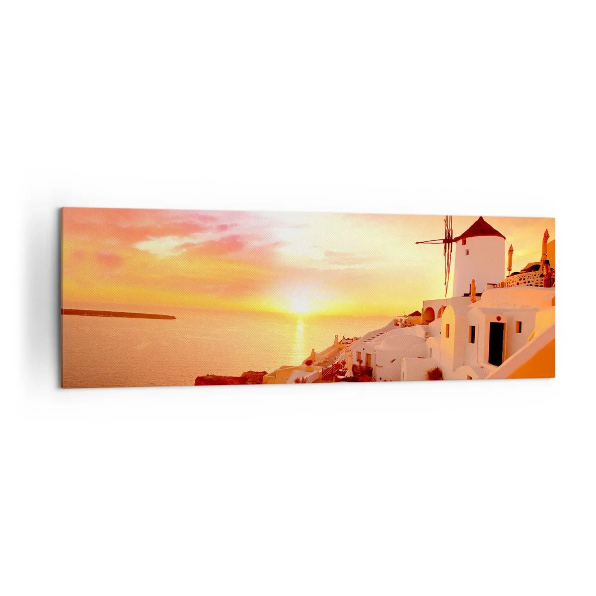 Bild auf Leinwand - Leinwandbild - Santorini bei Sonnenuntergang mit einer Windmühle - 160x50cm - In Weiß und Gold schmelzen - Moderne Wanddekoration für Wohnzimmer und Schlafzimmer ARTTOR