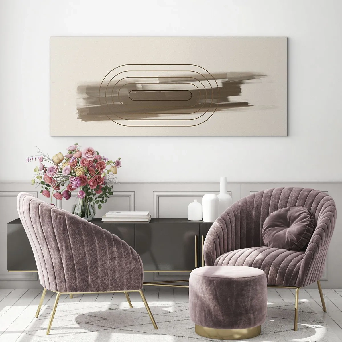Glasbild - Bild auf glas - Eine minimalistische Komposition in Beige- und Grautönen mit geometrischem Muster - 140x50cm - Ein Hauch von Grau - Moderne Wanddekoration für Wohnzimmer und Schlafzimmer ARTTOR