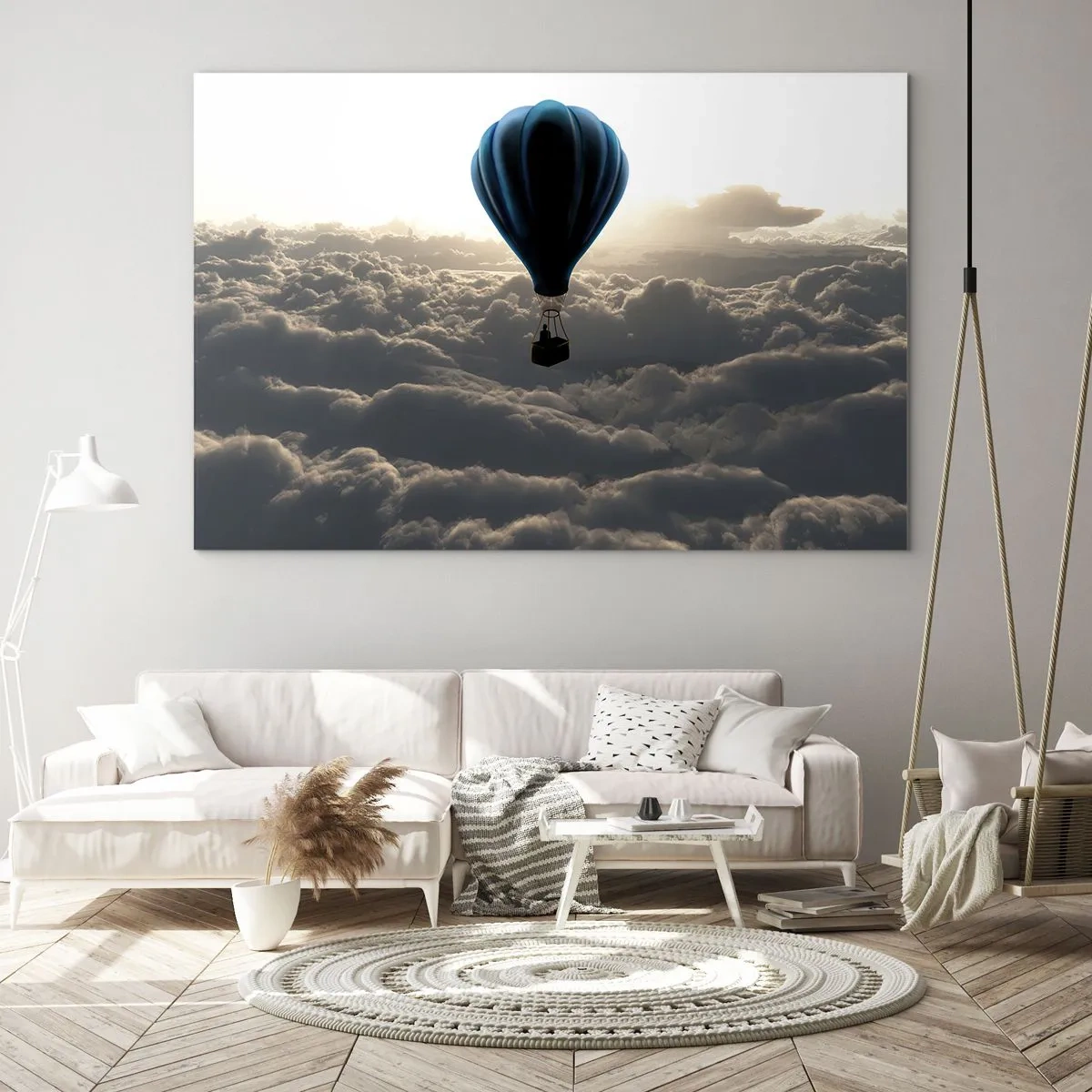 Glasbild - Bild auf glas - Ein Ballon schwebt bei Sonnenaufgang über den Wolken - 100x70cm - Ein Wanderer über den Wolken - Moderne Wanddekoration für Wohnzimmer und Schlafzimmer ARTTOR
