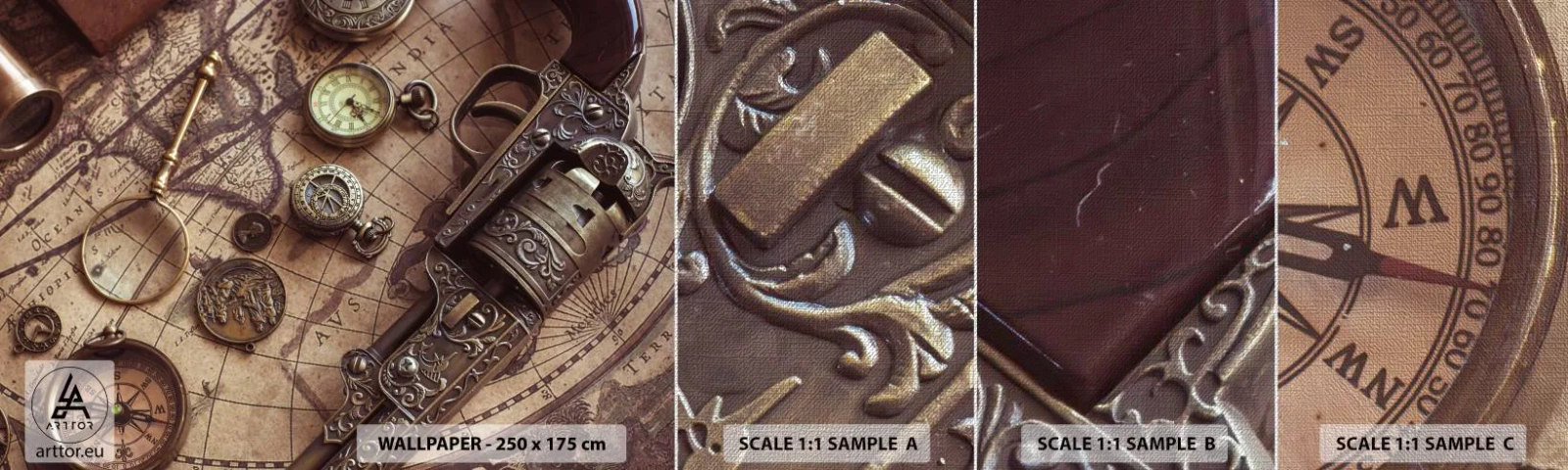 Fototapeten Muster Premium Canvas - Das Abenteuer ruft - Weltkarte, Kompass, Revolver - 100x30 cm