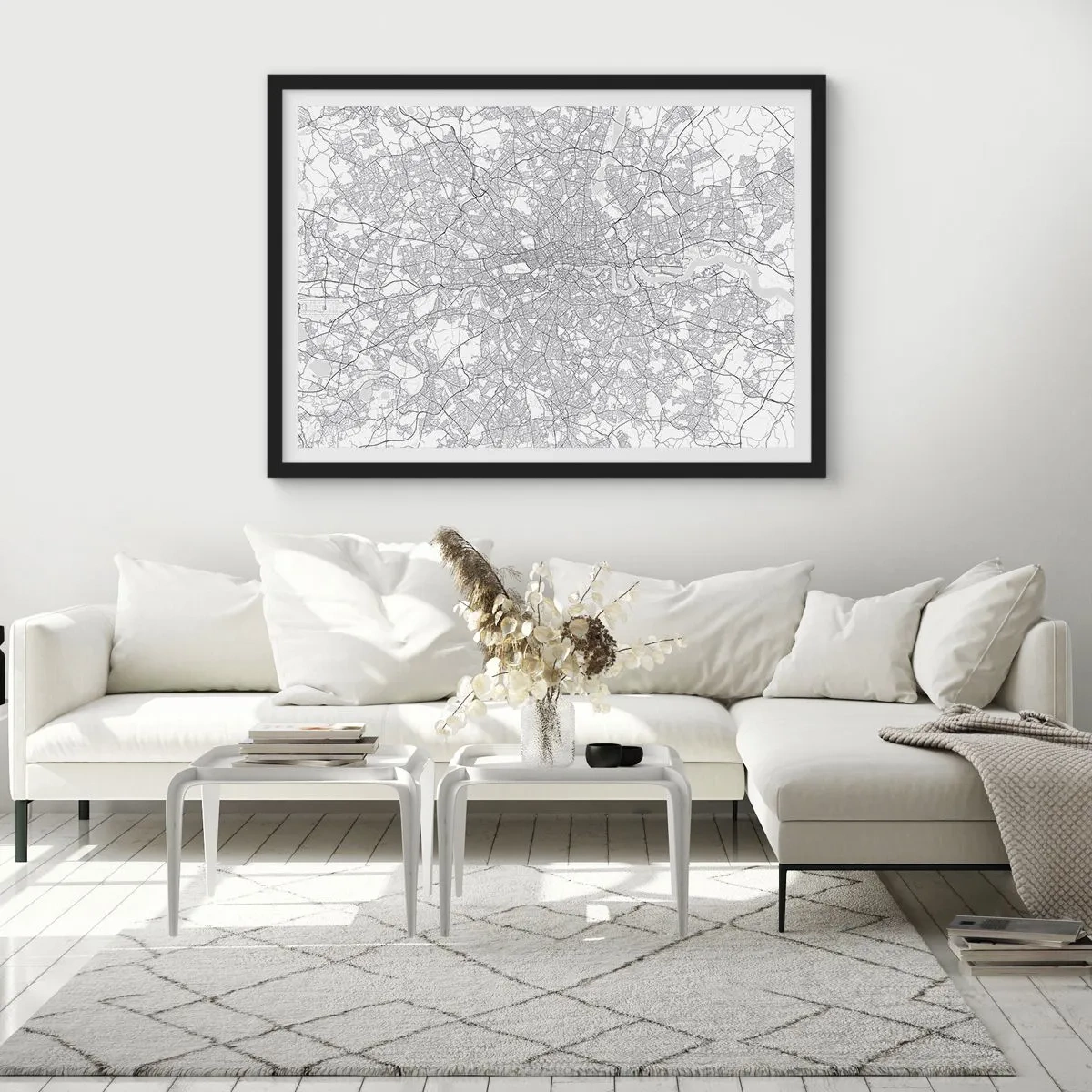 Poster in einem schwarzem Rahmen - Ein minimalistischer Stadtplan in Grautönen - 70x50cm - Karte des Labyrinths von London - Moderne Wanddekoration für Wohnzimmer und Schlafzimmer ARTTOR