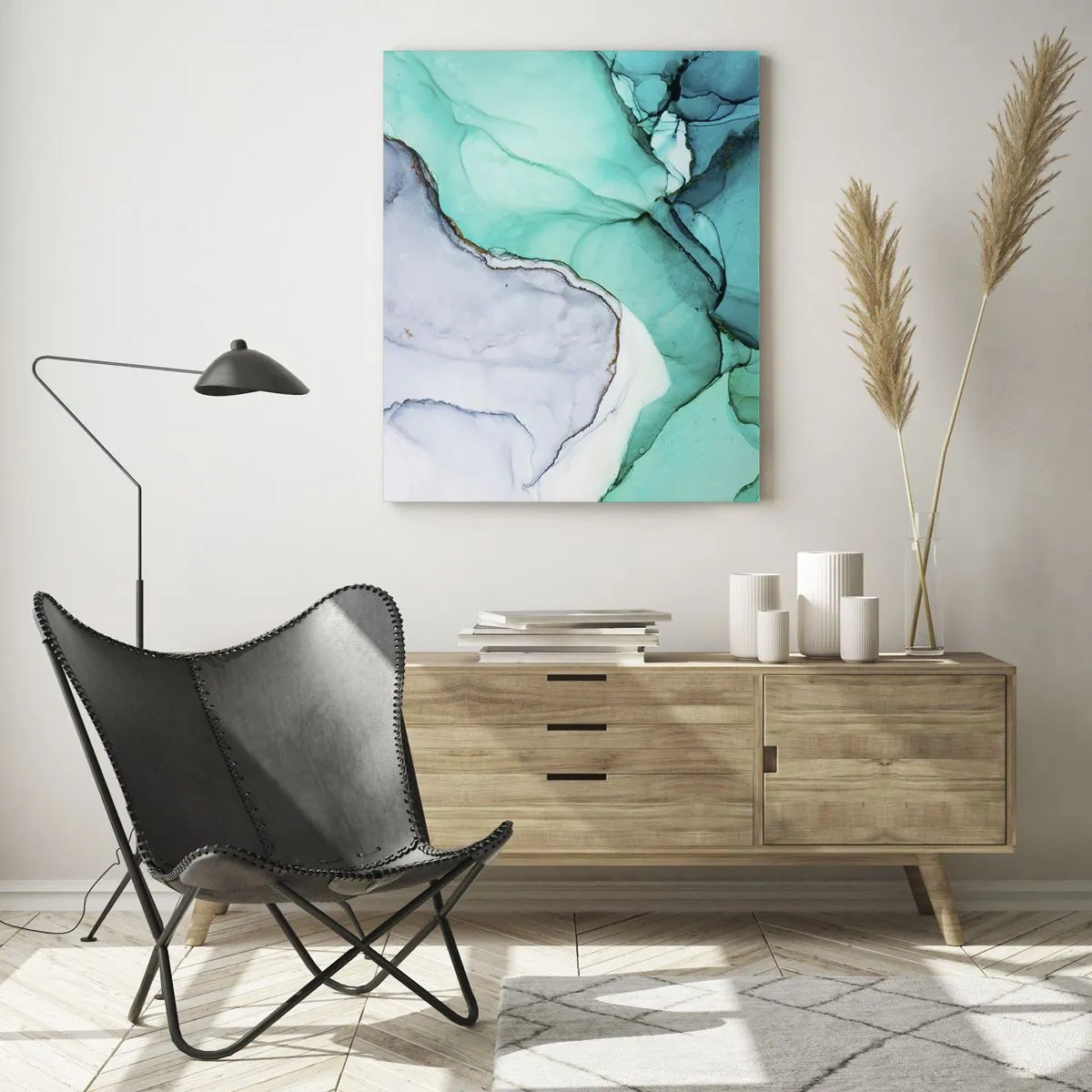 Glasbild - Bild auf glas - Abstraktes Muster in Türkis- und Weißtönen - 70x100cm - Eine Studie in Türkis - Moderne Wanddekoration für Wohnzimmer und Schlafzimmer ARTTOR