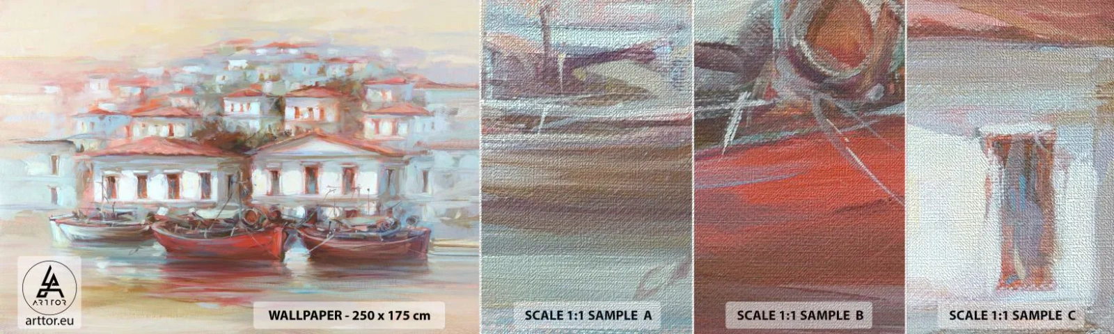 Fototapeten Muster Premium Canvas - Glückliche Stadt - Die Architektur, Segelboot, Hafen - 100x30 cm