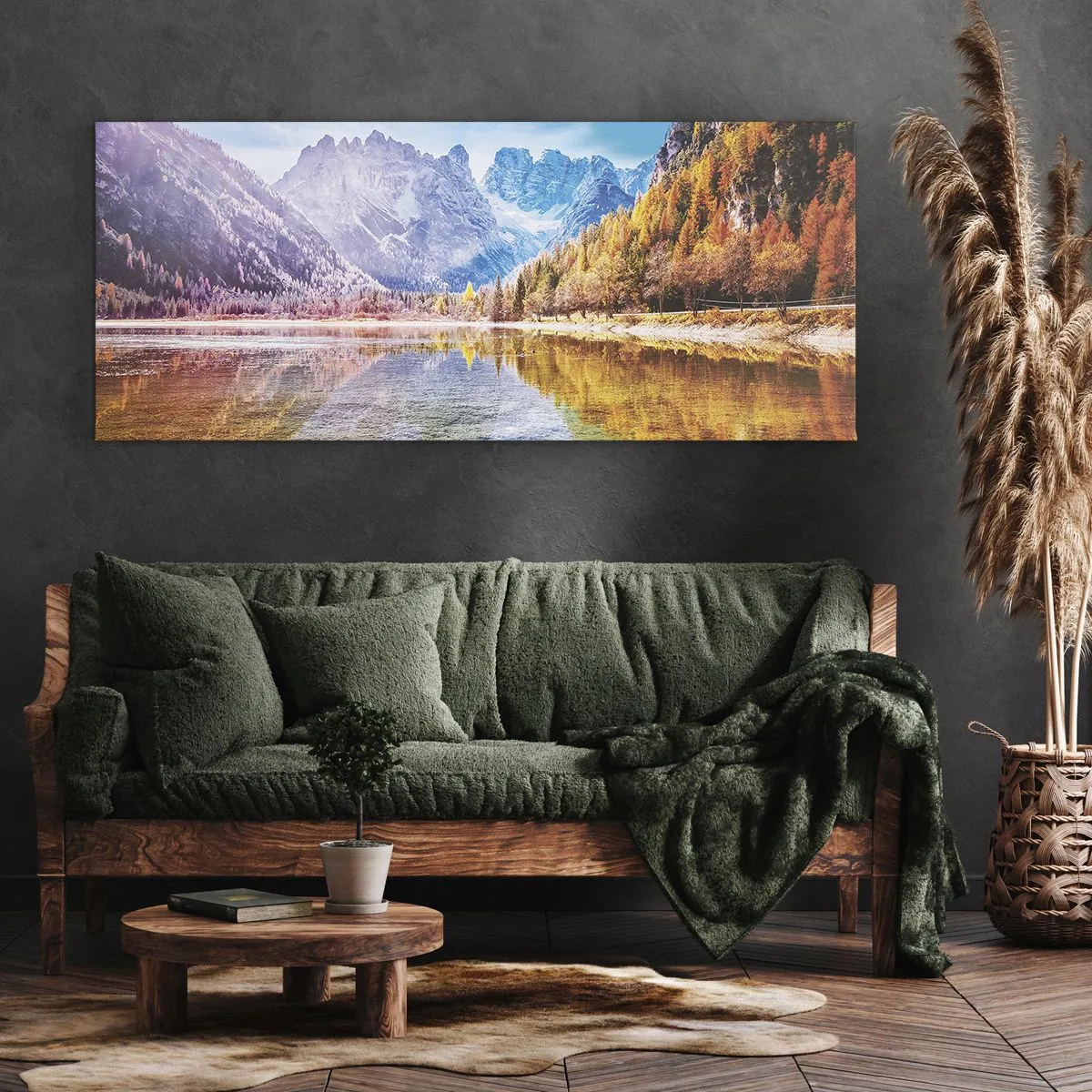 Bild auf Leinwand - Leinwandbild - Herbstliche Berglandschaft mit See - 140x50cm - Und in den Bergen ist es schon Herbst - Moderne Wanddekoration für Wohnzimmer und Schlafzimmer ARTTOR