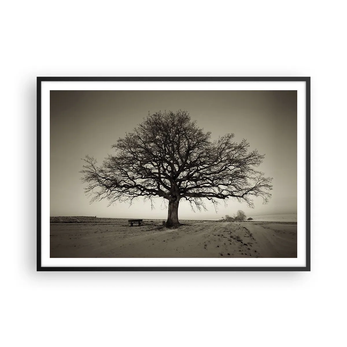 Poster in einem schwarzem Rahmen - Ein einsamer Baum in einem Sepia-Feld - 100x70cm - Von hier zu Ewigkeit - Moderne Wanddekoration für Wohnzimmer und Schlafzimmer ARTTOR