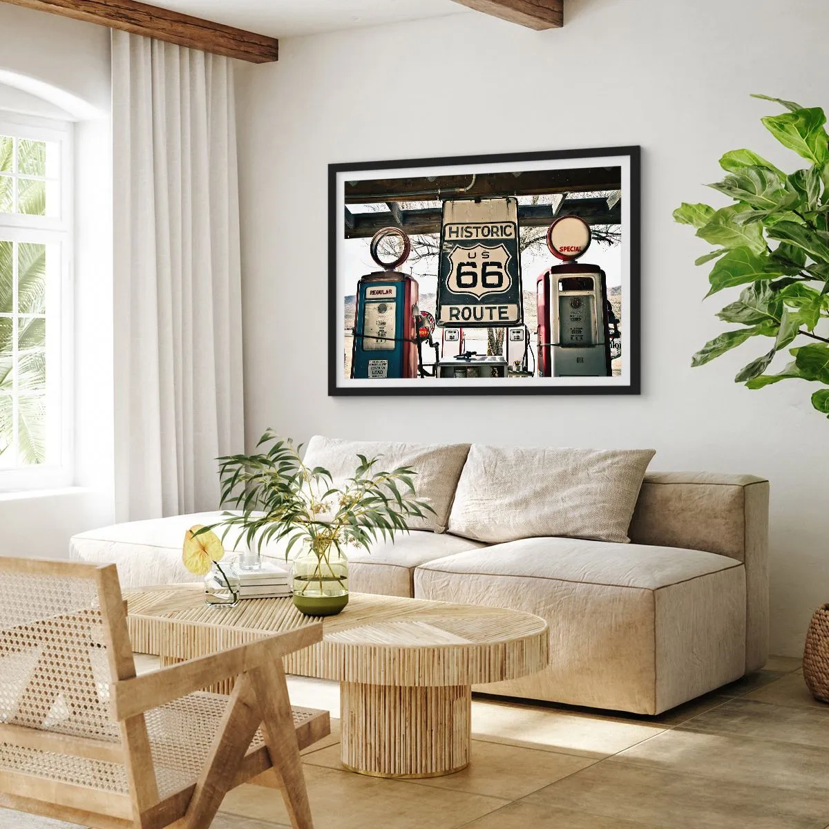 Poster in einem schwarzem Rahmen - Historische Tankstelle an der Route 66 - 70x50cm - Amerikanische Retro-Reise - Moderne Wanddekoration für Wohnzimmer und Schlafzimmer ARTTOR