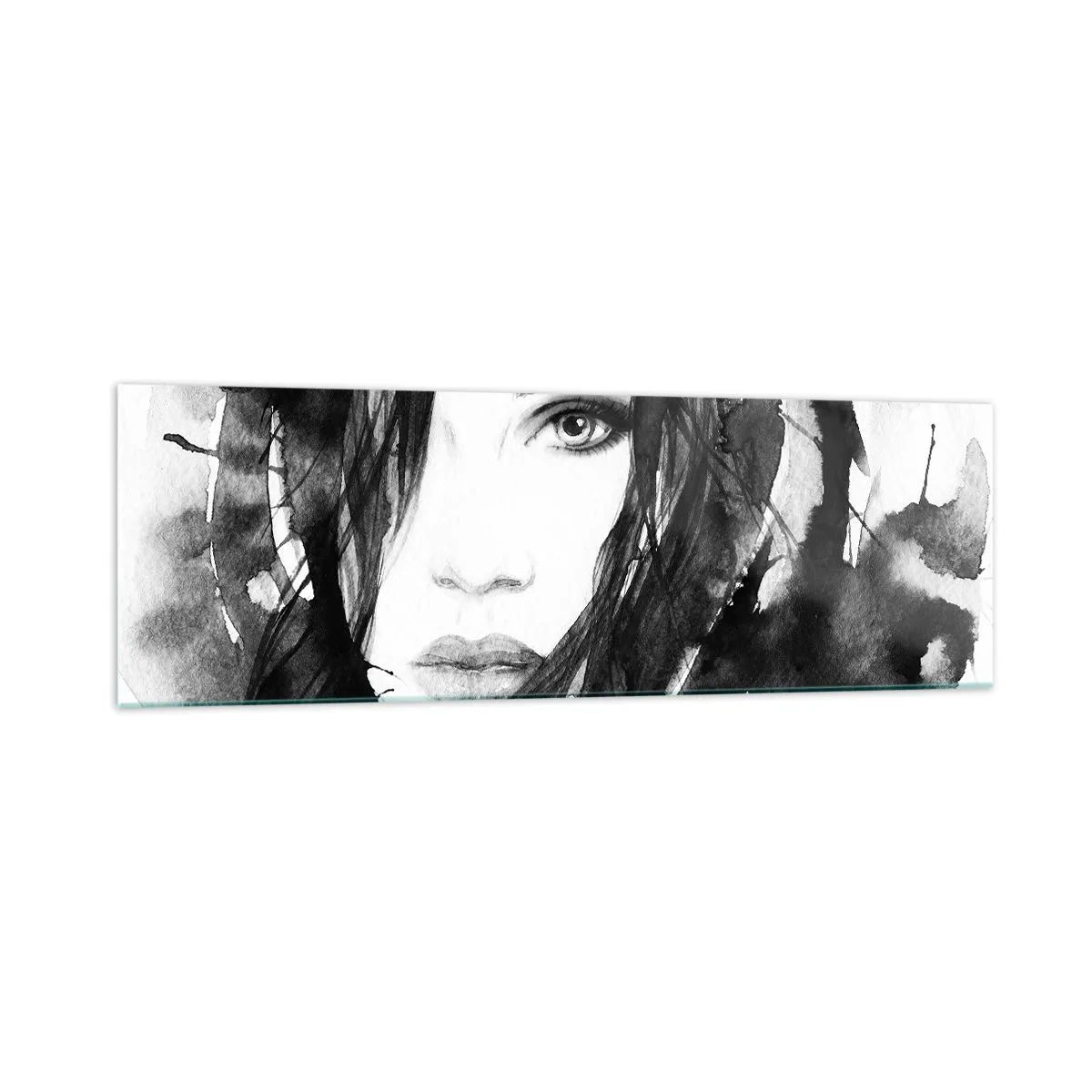 Glasbild - Bild auf glas - Porträt einer Frau in Schwarz-Weiß-Aquarell - 160x50cm - Porträt einer Dame in Schwarzweiß - Moderne Wanddekoration für Wohnzimmer und Schlafzimmer ARTTOR