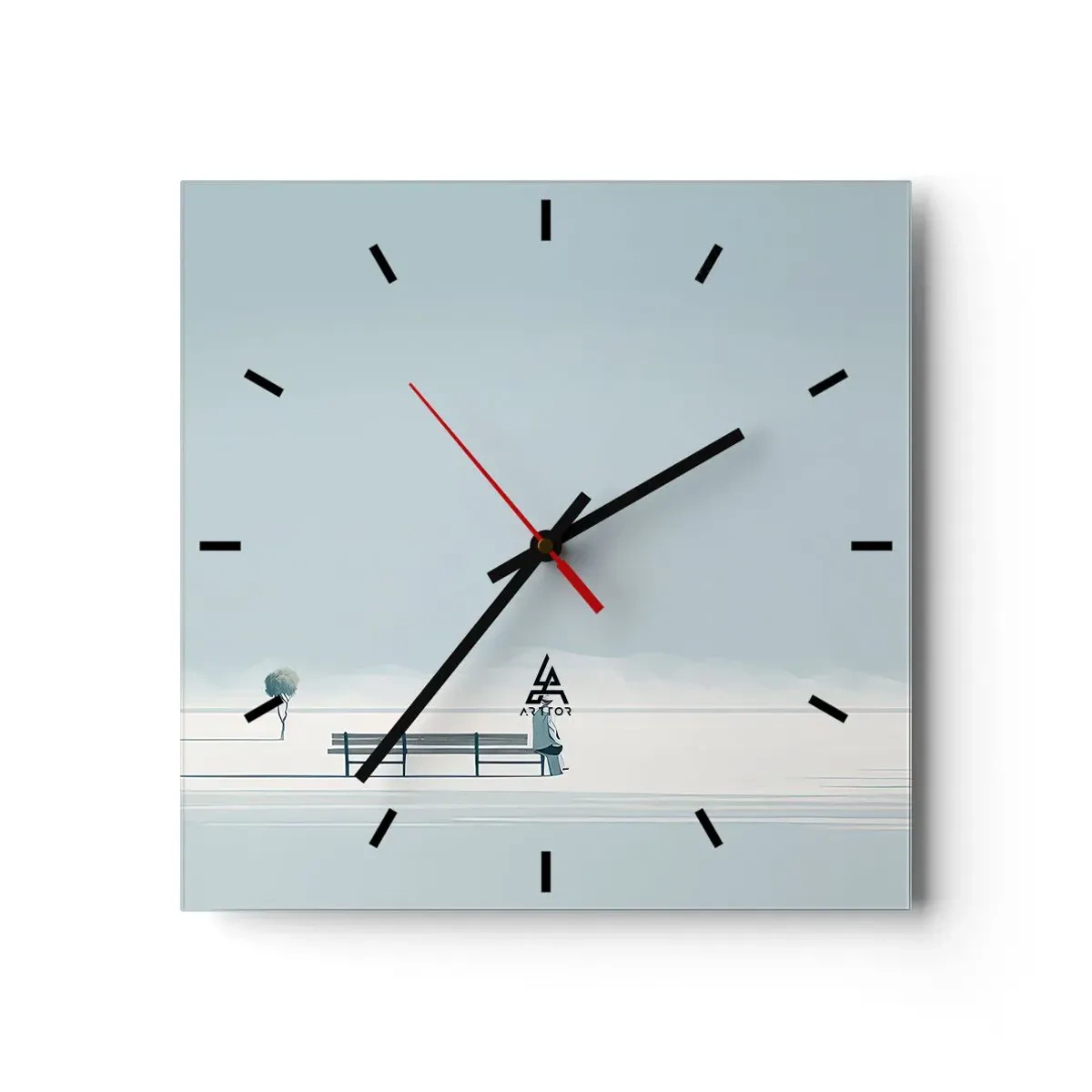 Wanduhr - Glasuhr - Eine Person, die auf einer Bank in einer minimalistischen Landschaft sitzt - 30x30cm - Ja, ich warte. - Moderne Wanddekoration für Wohnzimmer und Schlafzimmer ARTTOR