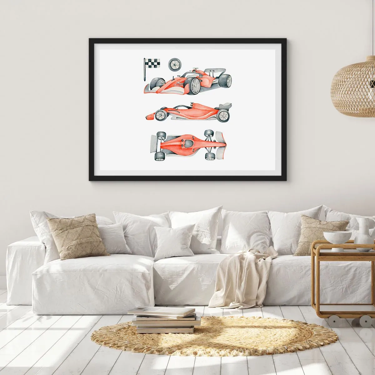 Poster in einem schwarzem Rahmen - Ein roter Rennwagen mit einer Zielflagge - 70x50cm - Dem Traum folgen - Moderne Wanddekoration für Wohnzimmer und Schlafzimmer ARTTOR
